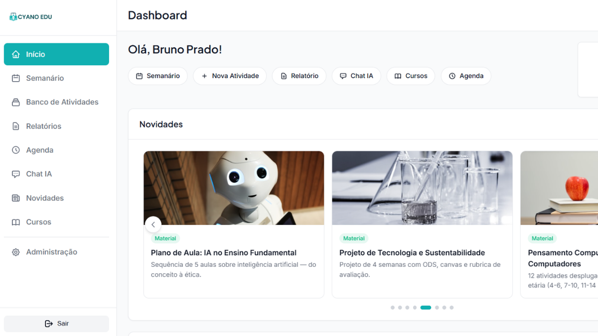 Dashboard da plataforma Cyano Edu - modo claro